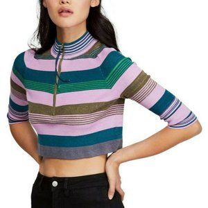 Free People Mock Neck Striped Crop Knit Top Size XS